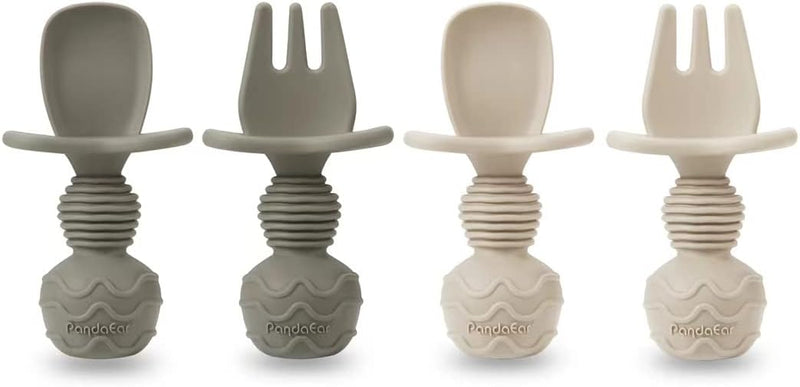 PandaEar Silicone Baby Feeding Set with Divided Suction Plate | 2 Pack Suction Plates, 2 Pack Tiny Cups, 2 Spoons & 2 Forks, Baby Led Weaning, Self Feeding Utensils, Light Tan/Walnut