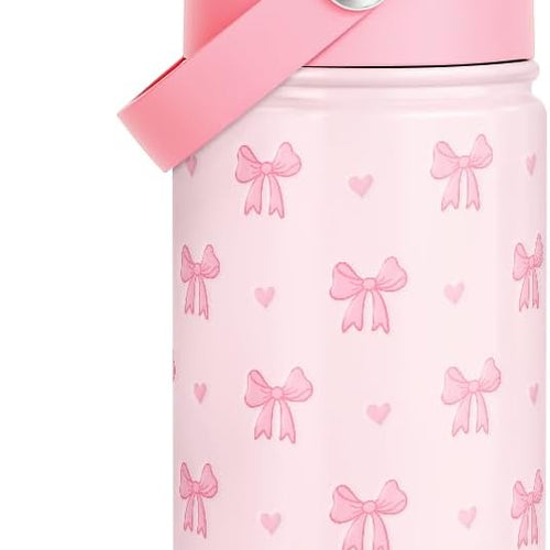 Bow Kids Water Bottle With Straw Lid 12oz Insulated Stainless Steel, Travel Tumbler, Pink Bow Gifts For Girls, Birthday, Christmas, Back To School