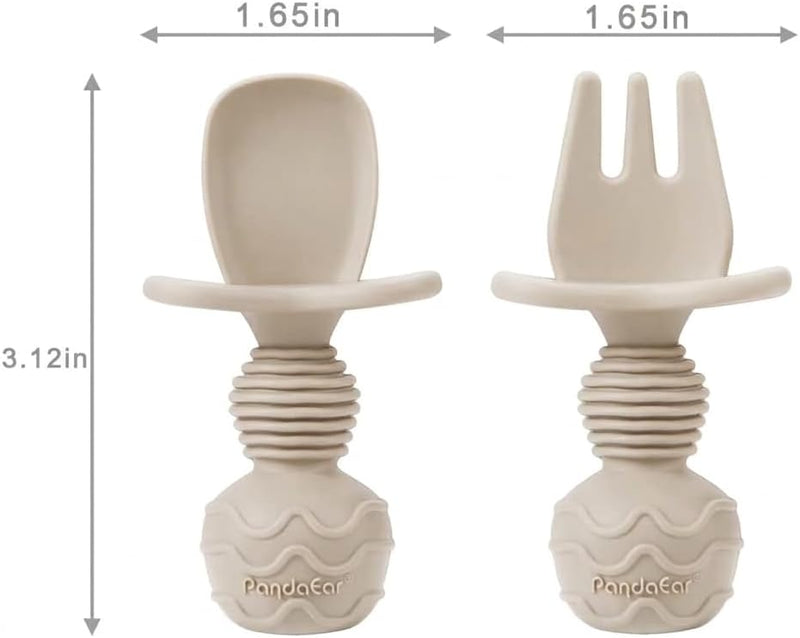 PandaEar Silicone Baby Feeding Set with Divided Suction Plate | 2 Pack Suction Plates, 2 Pack Tiny Cups, 2 Spoons & 2 Forks, Baby Led Weaning, Self Feeding Utensils, Light Tan/Walnut