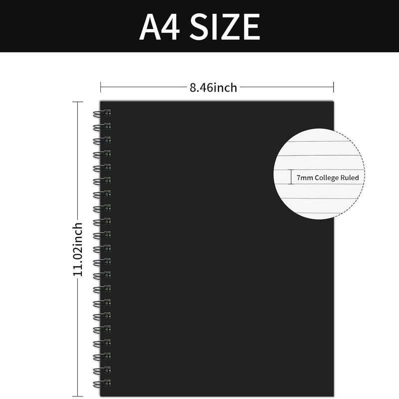 Lined Spiral Notebook A4 Large Black Journal 8.5" x 11"-4 Pack 7mm College Ruled Hardcover Notebooks 160 Pages 100GSM Thick Paper for Note Taking School Office Supplies