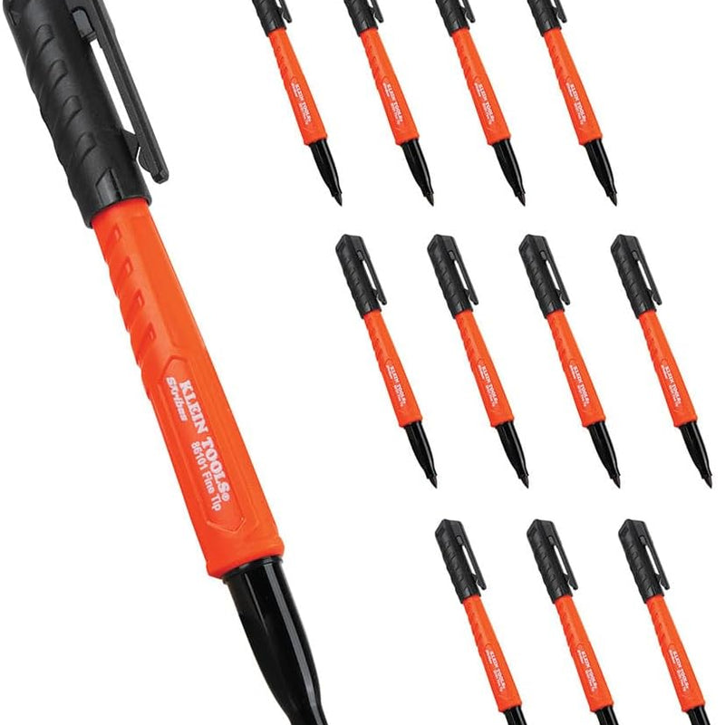 Klein Tools 8610112 Skribes Fine Tip Permanent Markers, Professional-Grade Ink, Multi-Surface Jobsite Marker for Wet, Dry and Oily Surfaces, Black, 12-Pack