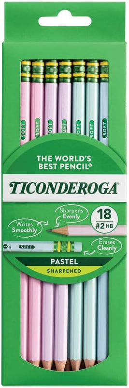 Ticonderoga Wooden Pencils, Pre-Sharpened, 2 HB Soft, Pastel Colors, 18 Count