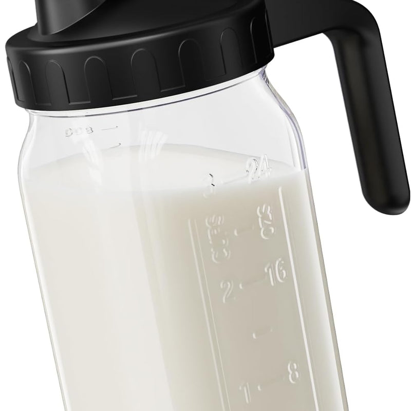 Breast Milk Pitcher, 32 oz Wide Mouth Glass Mason Jar | Dual Leak-Proof Lid, easy-pour spout, handle design for Breastmilk storage, iced tea and cold beverages