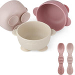 PandaEar 3 Pack Silicone Suction Baby Bowls & 3 Baby Feeding Spoons | Non-Slip Stay Put Bowls & Soft Silicone First Stage Spoons for Toddlers, BPA-Free Baby Led Weaning Set, Linen Brown Tan