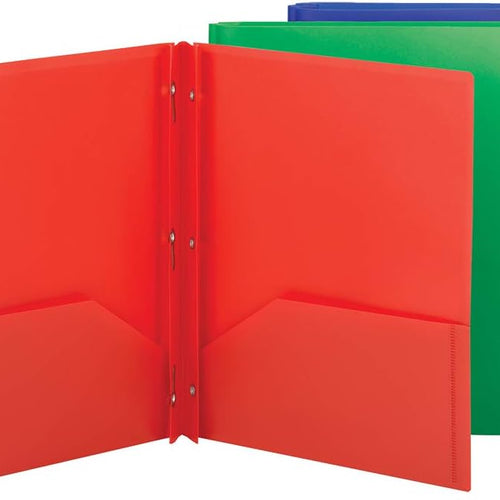 Smead Poly Two-Pocket Folder, Three-Hole Punch Prong Fasteners, Letter Size, Assorted Colors, 3 per Pack (87737)