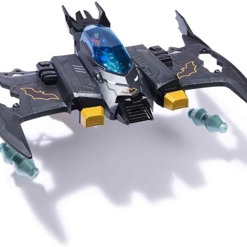 DC Comics, Metal Force Transforming Batwing, 2-in-1 Playset, Includes Batman and Superman Figures, with Projectiles and Character Cards, Kids Toy for Boys Ages 4 and Up