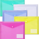 10 Pack Plastic Envelope Folders with Label Pockets, 5 Colors 2 Each, Clear Poly File Folders Letter Size/A4, Hook and Loop Closure Document Envelopes for School Office Home