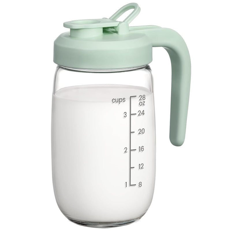 2 Pack Breast Milk Pitcher 32 OZ, Heat & Cold Resistant, Sudden Temperature Safe, Fast Baby Formula Maker with Wide Mouth, No Leak Glass Fridge Storage Container for Juice, Cold Brew-Blue, Green