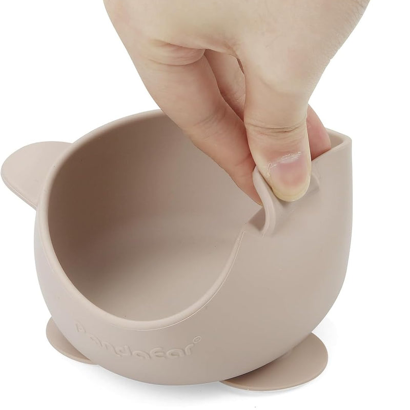 PandaEar 3 Pack Silicone Suction Baby Bowls & 3 Baby Feeding Spoons | Non-Slip Stay Put Bowls & Soft Silicone First Stage Spoons for Toddlers, BPA-Free Baby Led Weaning Set, Linen Brown Tan