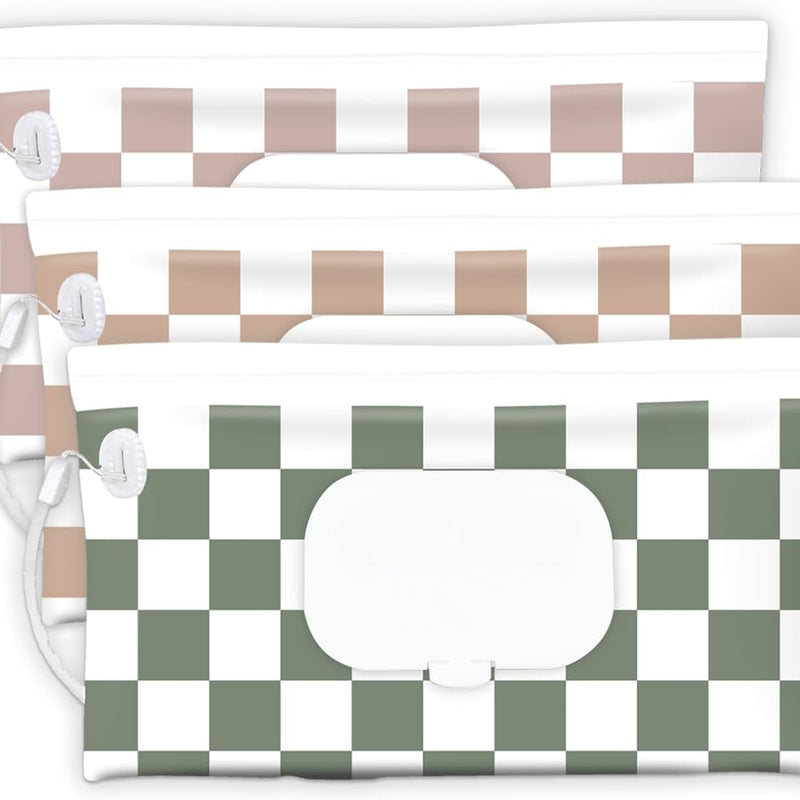 cephira Baby Wipe Holder, 3-Pack Portable Refillable Wipe Dispenser, Waterproof & Dustproof Travel Baby Wipes Case, Reusable Diaper Wipe Container with Checkerboard Design