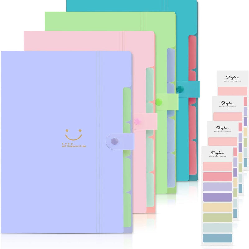 SKYDUE Expanding File Folders with 5 Pockets, Accordion File Organizer with 32 Labels, Portable Document Paper Organizer, Filing Folders, Letter / A4 Size, Pack of 4