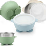 PandaEar 3 Pack Stainless Steel Baby Suction Bowls, Non-Slip Child Food Bowl with Silicone Sleeve for Kids Toddlers Infants, Unbreakable & Mess Free (Blue Green Beige)
