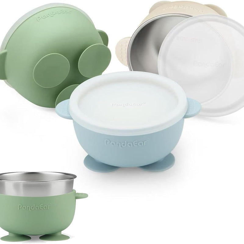 PandaEar 3 Pack Stainless Steel Baby Suction Bowls, Non-Slip Child Food Bowl with Silicone Sleeve for Kids Toddlers Infants, Unbreakable & Mess Free (Blue Green Beige)