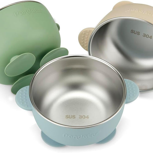PandaEar 3 Pack Stainless Steel Baby Suction Bowls, Non-Slip Child Food Bowl with Silicone Sleeve for Kids Toddlers Infants, Unbreakable & Mess Free (Blue Green Beige)