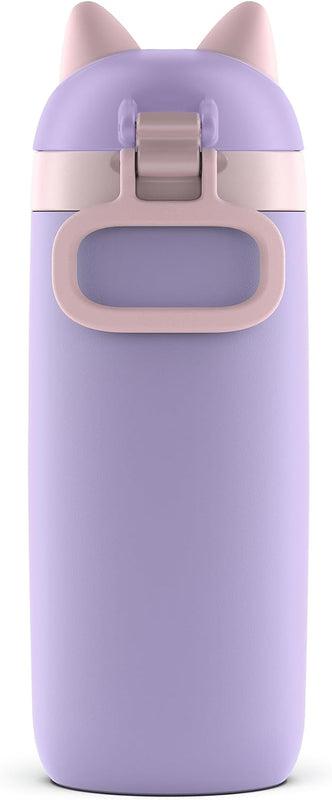 Ello Ellies 12oz Stainless Steel Leakproof Kids Water Bottle, Cat | Insulated kids water bottle with straw, leakproof locking lid, carry handle, and stainless steel fun animal design for school