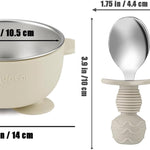 PandaEar 8PCS Baby Feeding Set | Stainless Steel Suction Plates and Bowls with Silicone Fork and Spoon Utensils | Baby Led Weaning Tableware for Toddlers & Kids (Tan & Walnut)