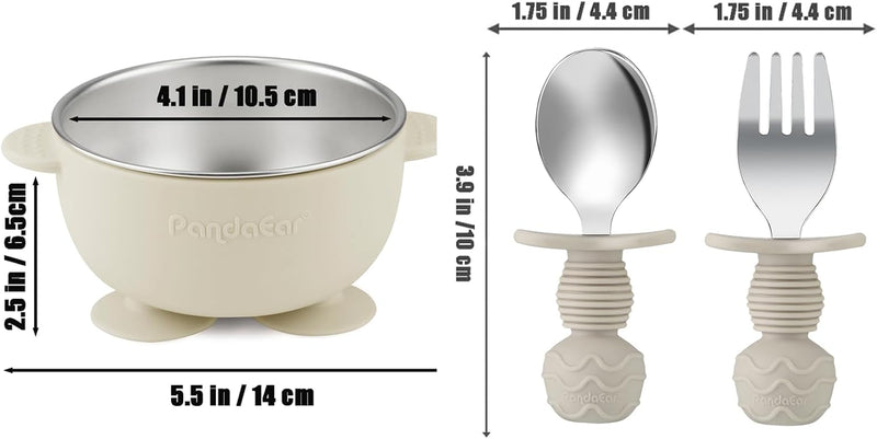 PandaEar 8PCS Baby Feeding Set | Stainless Steel Suction Plates and Bowls with Silicone Fork and Spoon Utensils | Baby Led Weaning Tableware for Toddlers & Kids (Tan & Walnut)