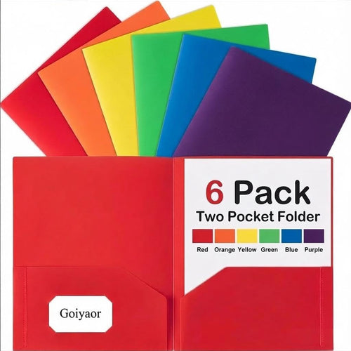 6 Pack Plastic Folders with Pockets, 6 Assorted Colors, 2 Pocket Folders for Documents, Heavy Duty Poly Pocket Folders with Business Card Slot, File Folders for Office School Home Organization
