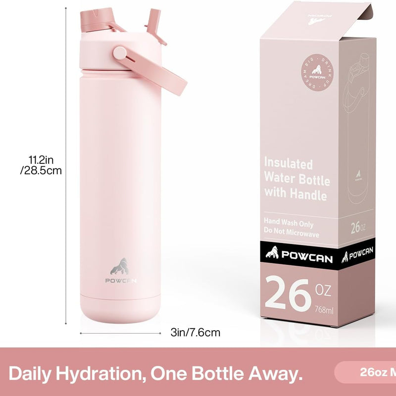 POWCAN 26 oz Insulated Water Bottle with 2-in-1 Straw and Spout Lid, Keep Cold 24H, Leak-Proof, Fits in Car Cup Holder, Stainless Steel Water Bottle for Sports, Travel, and School (Cotton Candy)