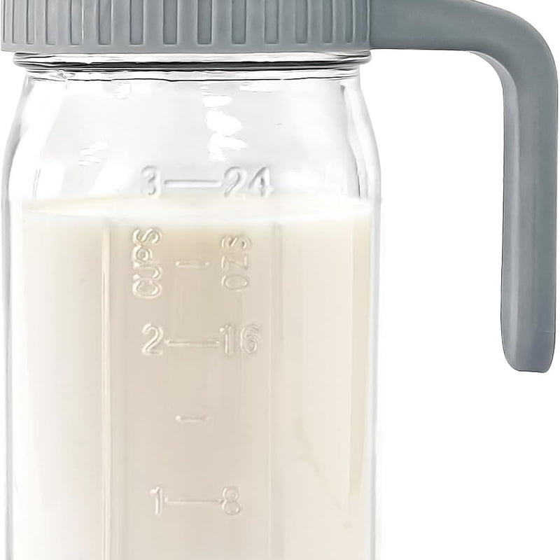 Breast Milk Pitcher, 32 oz Wide Mouth Glass Mason Jar | Dual Leak-Proof Lid, easy-pour spout, handle design for Breastmilk storage, iced tea and cold beverages
