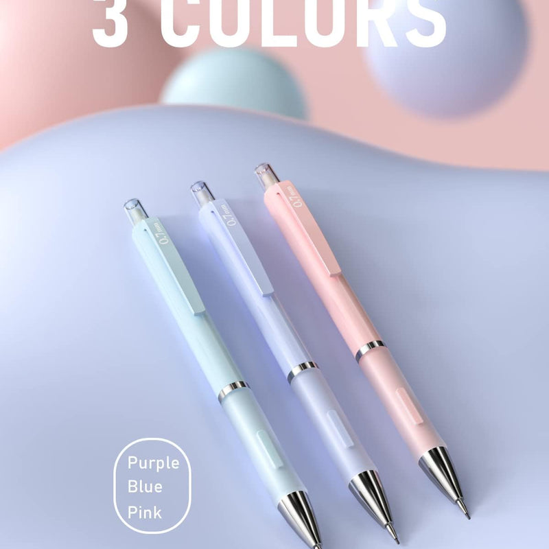 Nicpro 3PCS Cute Mechanical Pencil Set with Case, 0.7 mm Pencils with 6 Tube HB Lead Refill, 3PCS Eraser, 9PCS Eraser Refill for School Supplies Student Writing, Drafting Drawing Sketching