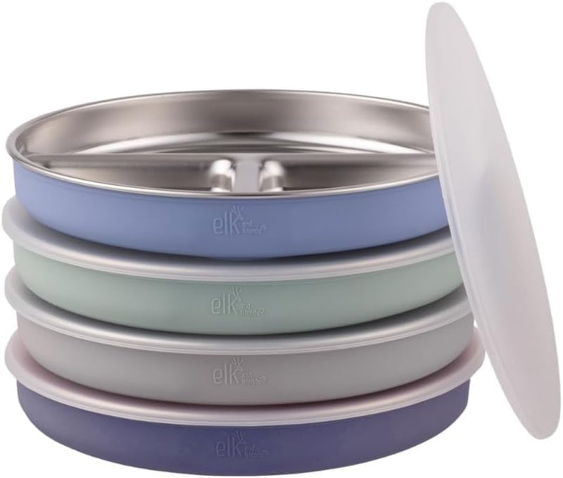 Elk and Friends Kids Stainless Steel Divided Plates with Silicone Suction Sleeves | Lids Included | Suitable for Babies/Toddlers | Dishwasher Safe | Stay Put Dinnerware | Snack Dishes | 4 Pack