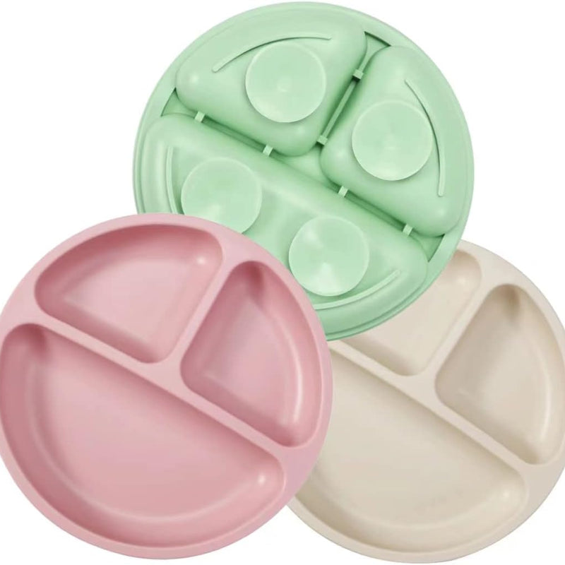 PandaEar 3 Pack Toddler Plates, Silicone Divided Suction Plate for Babies, BPA-Free 100% Food-Grade Silicone Unbreakable Baby Plate (Pink/Linen/Light Pink)