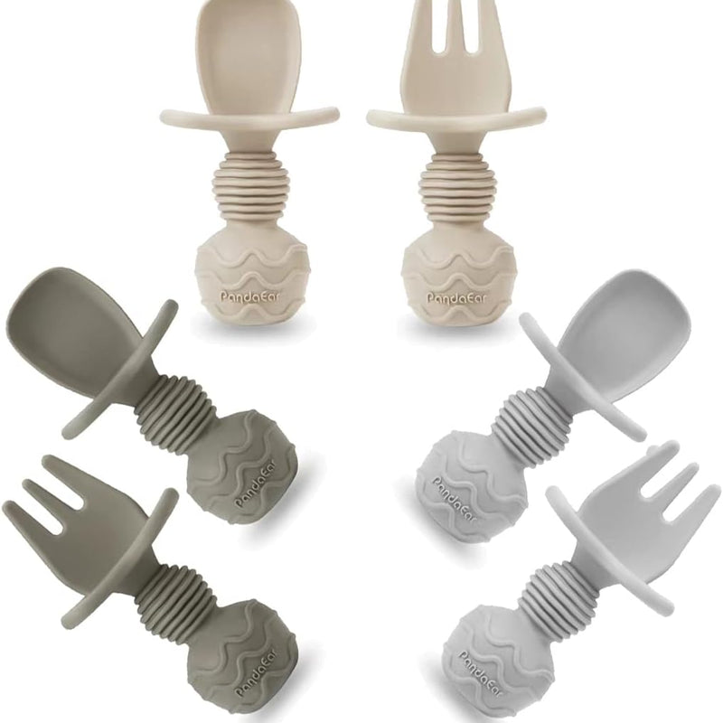 PandaEar 6 Pack Silicone Baby Spoons and Fork Feeding Set- Anti-Choke First Self Feeding Utensils for Baby Led Weaning Ages 3 Months (Tan,Walnut&Grey)