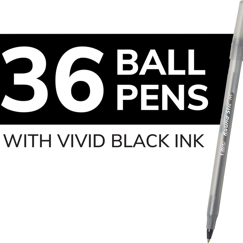 BIC Round Stic Xtra Life Black Ballpoint Pens, Medium Point (1.0mm), 36-Count Pack of Bulk Pens, Flexible Round Barrel for Writing Comfort, No. 1 Selling Ballpoint Pens