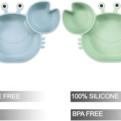 PandaEar 2 Pack Silicone Suction Plate for Baby, Divided Unbreakable Toddler Food Plate with 2 Pack Spoons for Self Feeding, Toddler Utensils Feeding Set Baby Eating Supplies, Crab Shape -Blue&Green