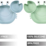 PandaEar 2 Pack Silicone Suction Plate for Baby, Divided Unbreakable Toddler Food Plate with 2 Pack Spoons for Self Feeding, Toddler Utensils Feeding Set Baby Eating Supplies, Crab Shape -Blue&Green