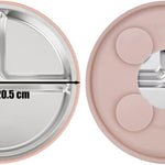 PandaEar 6-in-1 Stainless Steel Baby Feeding Set | Divided Suction Plate, Bowl, Sippy Cup with Straw, Bib, Spoon & Fork | BPA-Free Toddler Feeding Essentials for Self-Feeding (Pink)