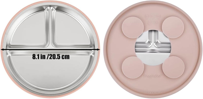 PandaEar 6-in-1 Stainless Steel Baby Feeding Set | Divided Suction Plate, Bowl, Sippy Cup with Straw, Bib, Spoon & Fork | BPA-Free Toddler Feeding Essentials for Self-Feeding (Pink)