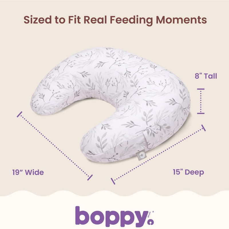 Boppy Nursing Pillow - Verified Safe Breastfeeding Pillow with Softer Fill for Comfortable Support, Machine Wash & Dry Cover, Non-Toxic Materials - Gray Gentle Leaves