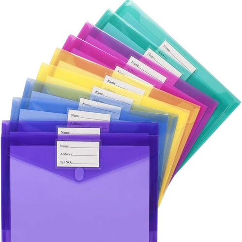 Sooez 10 Pack File Folders, Clear Poly Envelopes Plastic Folders, Folder for Documents Letter A4 Size with Label Pocket, Teacher School Office Supplies Organization Storage, Assorted Color