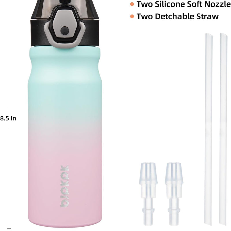 BJPKPK 18 oz Water Bottle with Straw & Handle, Insulated Stainless Flask | Leak Proof Locking Lid, Thermal, Double Wall Vacuum, Keeps Hot/Cold, BPA Free, Dishwasher Safe, Travel & Sports, Bubble Gum