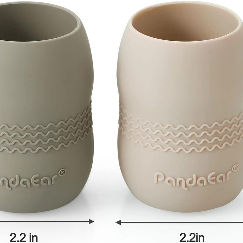 PandaEar Silicone Baby Feeding Set with Divided Suction Plate | 2 Pack Suction Plates, 2 Pack Tiny Cups, 2 Spoons & 2 Forks, Baby Led Weaning, Self Feeding Utensils, Light Tan/Walnut