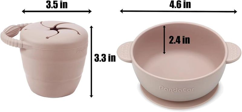 PandaEar Silicone Baby Feeding Set | 9PCS Baby Led Weaning Supplies Self Feeding Utensils | Divided Suction Plate Bowl Bibs Sippy Cup with Baby Snack Container Spoons Forks (Pink)