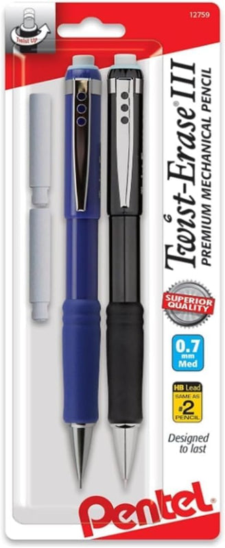 Pentel Twist-Erase III Mechanical Pencil, (0.7mm), Assorted Barrel Colors with 2 Eraser Refills, Pack of 2 (QE517BP2)