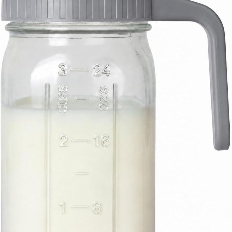 32 oz Breast Milk Pitcher, Glass Mason Jar Pitcher with Lid | Airtight, Leak Proof, Wide Mouth, Pour Spout Lid, Thick Glass, Fridge Safe, Ergonomic Handle, Easy to Clean