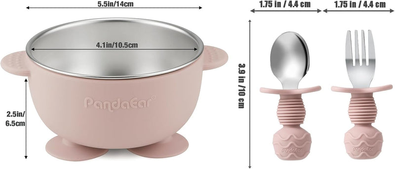 PandaEar 8PCS Baby Feeding Set | Stainless Steel Suction Plates and Bowls with Silicone Fork and Spoon Utensils | Baby Led Weaning Tableware for Toddlers & Kids (Pink & Blue)