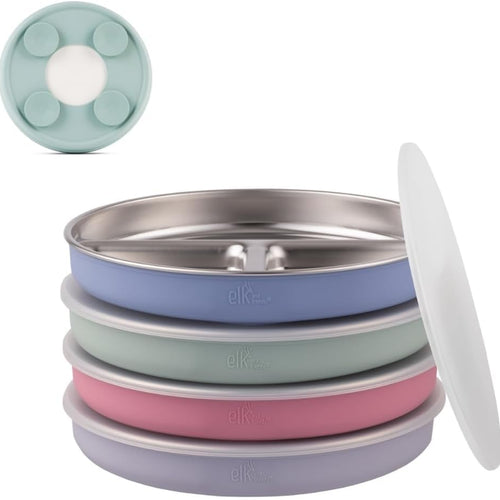 Elk and Friends Kids Stainless Steel Divided Plates with Silicone Suction Sleeves | Lids Included | Suitable for Babies/Toddlers | Dishwasher Safe | Stay Put Dinnerware | Snack Dishes | 4 Pack