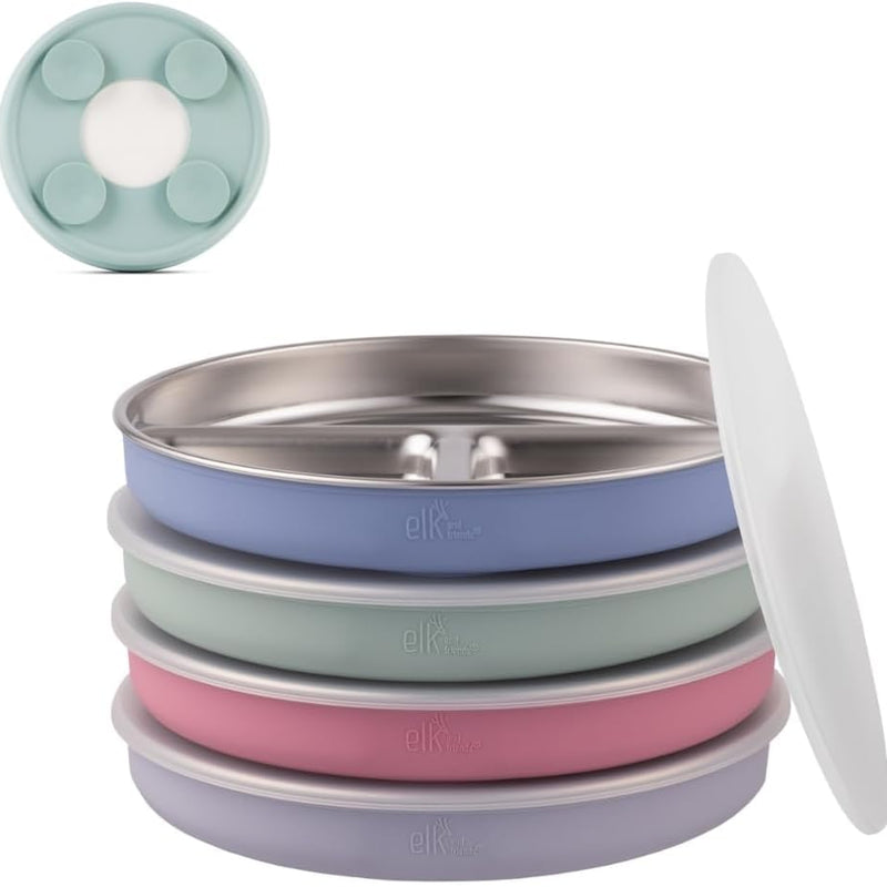 Elk and Friends Kids Stainless Steel Divided Plates with Silicone Suction Sleeves | Lids Included | Suitable for Babies/Toddlers | Dishwasher Safe | Stay Put Dinnerware | Snack Dishes | 4 Pack