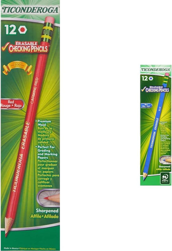 Ticonderoga Erasable Checking Wood-Cased Pencils, Pre-Sharpened, Red, 12 Count