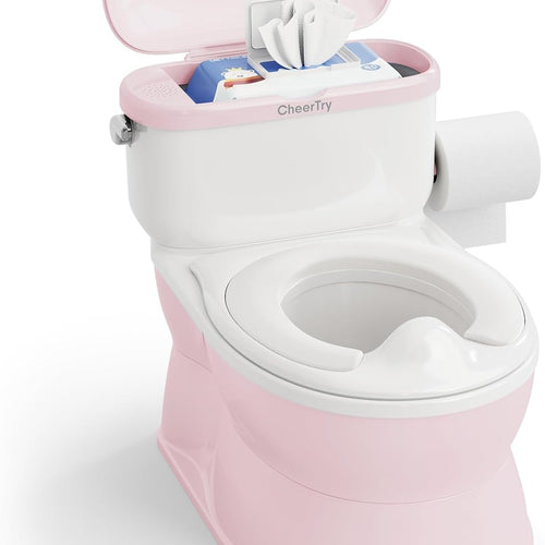 CheerTry 2-in-1 Toddler Potty Training Toilet with Detachable Training Seat | Large Potty Chair, Realistic Flushing Sound for Boys & Girls Ages 1-3 with Wipes Storage, Toilet Paper Holder - Pink