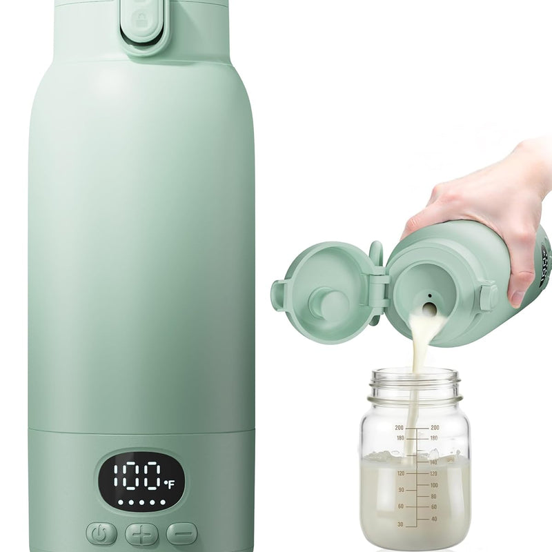 Portable Bottle Warmer for Travel, Fast Heating for Breast Milk & Water, 17 Ounces, Long-Lasting Battery, Ideal for Outdoor Use & Baby Shower, Light Green