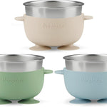 PandaEar 3 Pack Stainless Steel Baby Suction Bowls, Non-Slip Child Food Bowl with Silicone Sleeve for Kids Toddlers Infants, Unbreakable & Mess Free (Blue Green Beige)