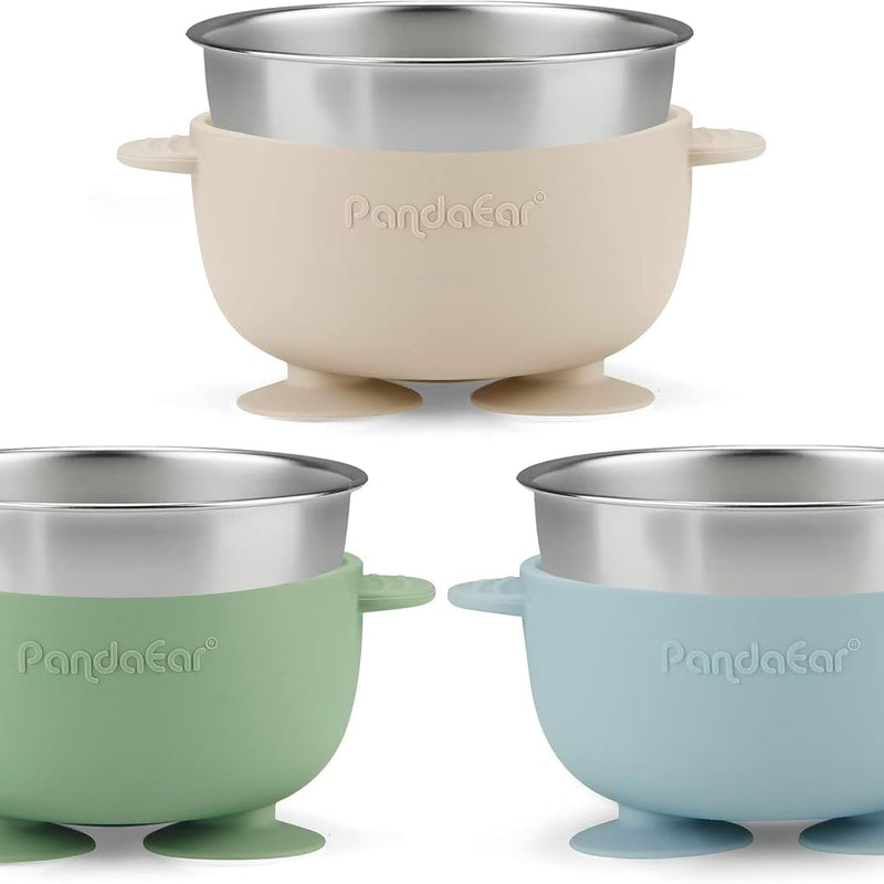 PandaEar 3 Pack Stainless Steel Baby Suction Bowls, Non-Slip Child Food Bowl with Silicone Sleeve for Kids Toddlers Infants, Unbreakable & Mess Free (Blue Green Beige)