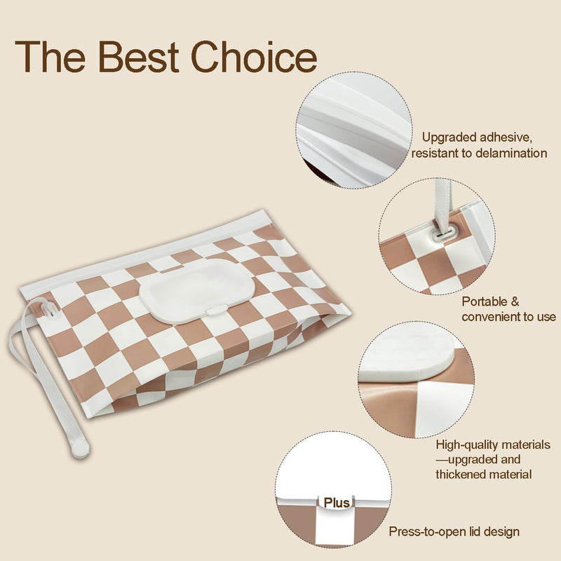 cephira Baby Wipe Holder, 3-Pack Portable Refillable Wipe Dispenser, Waterproof & Dustproof Travel Baby Wipes Case, Reusable Diaper Wipe Container with Checkerboard Design