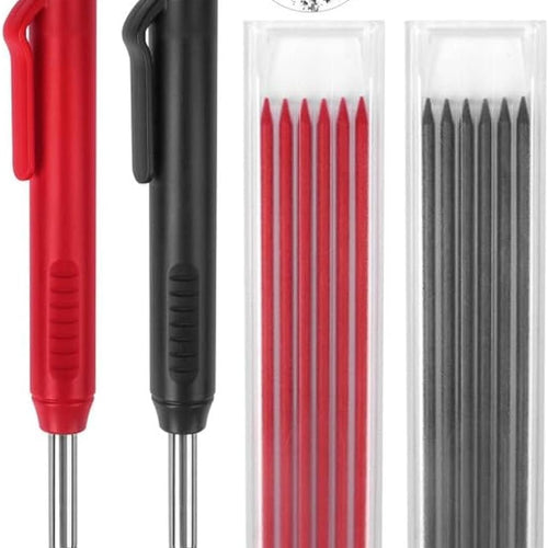 2 Pack Carpenter Pencils Mechanical Pencils with 12 Refills, Construction Pencils with Built-in Sharpener, Long Nib Deep Hole Pencil Marker, Heavy Duty Woodworking Pencil for Architect (2 Colors)